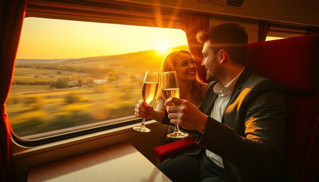 A couple enjoying a champagne toast in a private train compartment with sunset views of European countryside