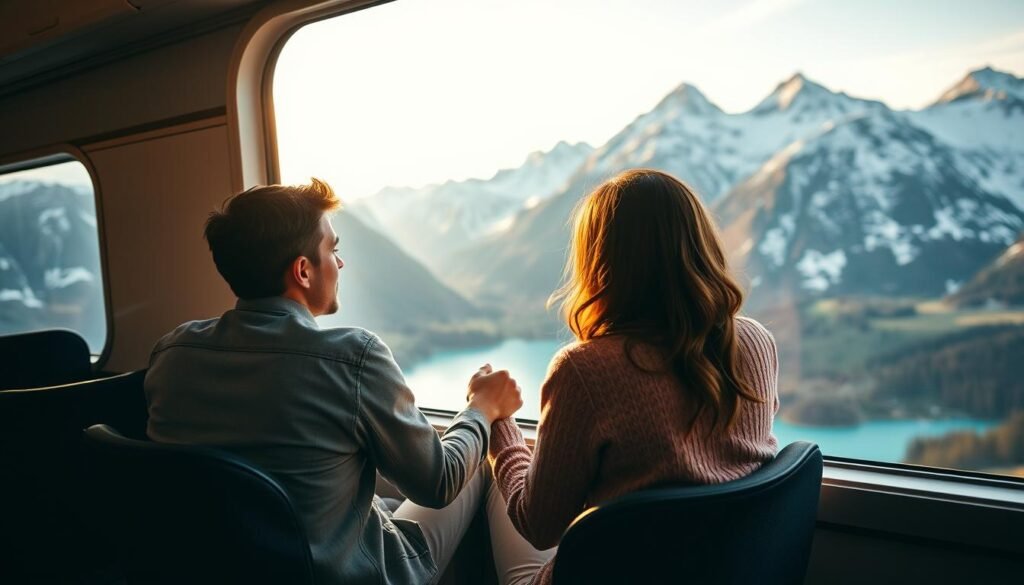A couple enjoying a romantic train ride through the Swiss Alps with panoramic views of snow-capped mountains and a lake