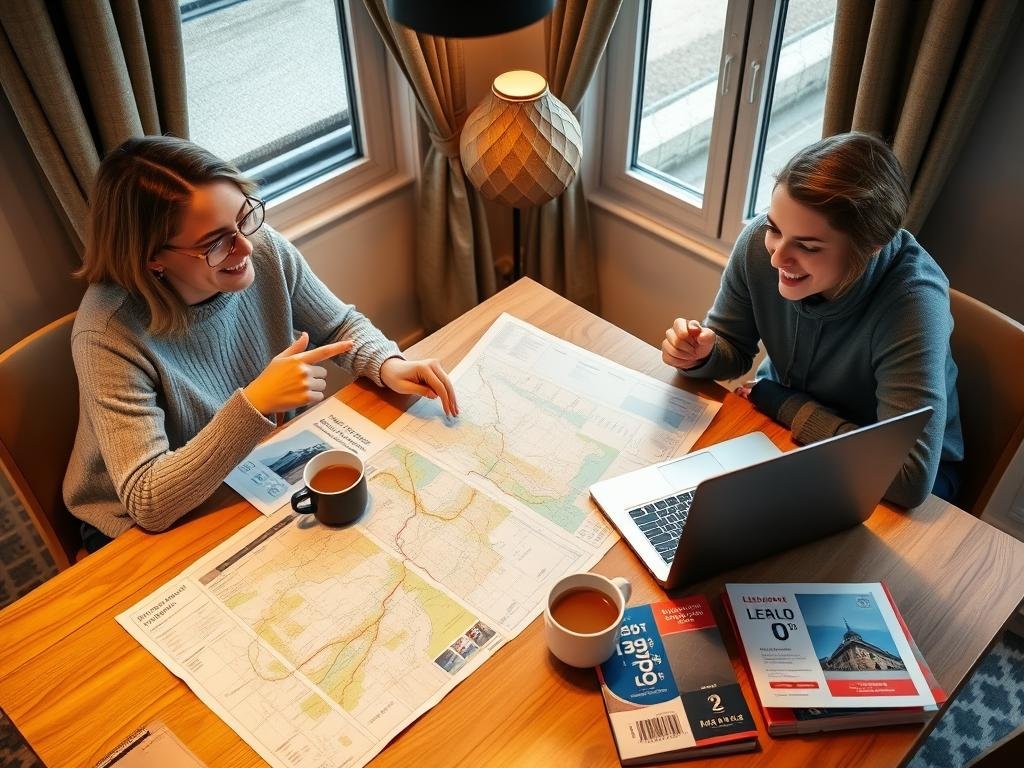 A couple planning their romantic train journey in Europe with maps, rail passes, and a laptop showing booking websites