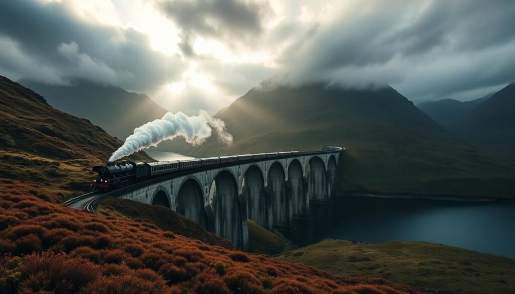 A steam train crossing the Glenfinnan Viaduct in the Scottish Highlands with mountains and a loch in the background