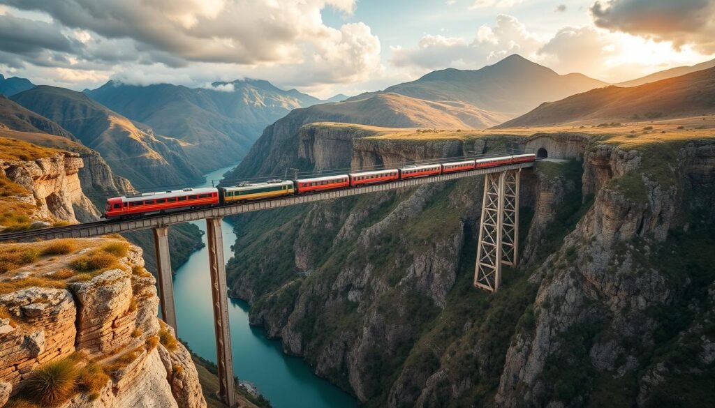 A train crossing a high bridge on the Belgrade-Bar railway with dramatic mountain views and a deep canyon below