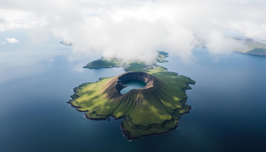 Aerial view of Corvo Island with its volcanic crater lake, Azores