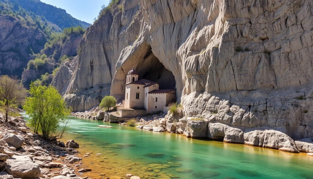 Blagaj Tekke monastery built into a cliff beside the Buna River source, Bosnia