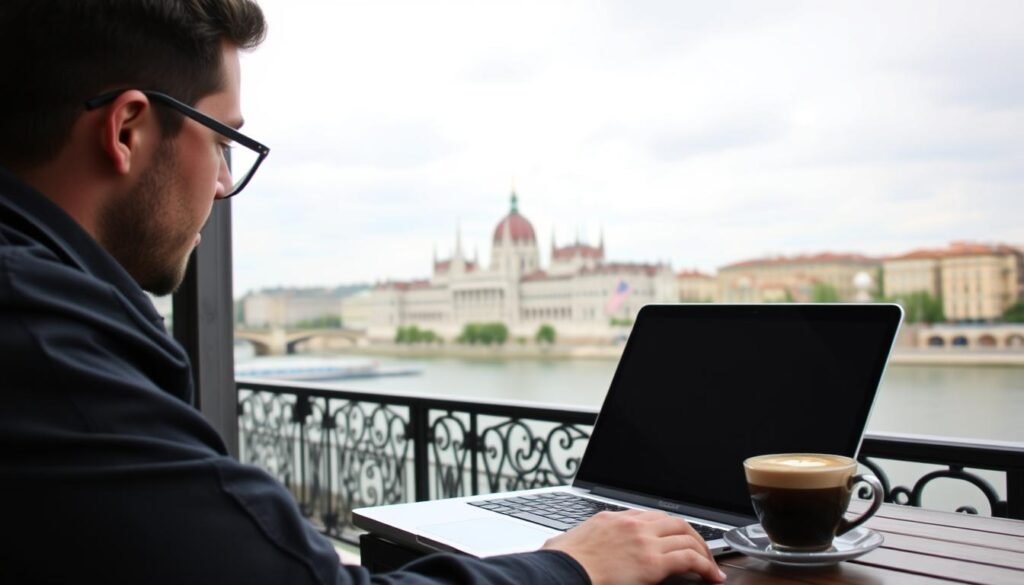 Budapest Parliament building and Danube River with digital nomad working from riverside café