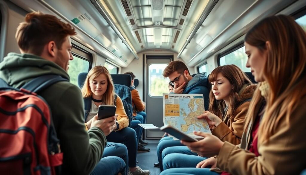Budget travelers using public transportation in Europe with backpacks and travel map Budget travelers using public transportation in Europe with backpacks and travel map