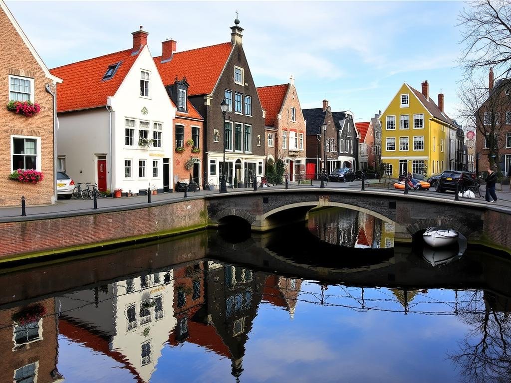 Canal with traditional Dutch houses and drawbridge in Edam, Netherlands