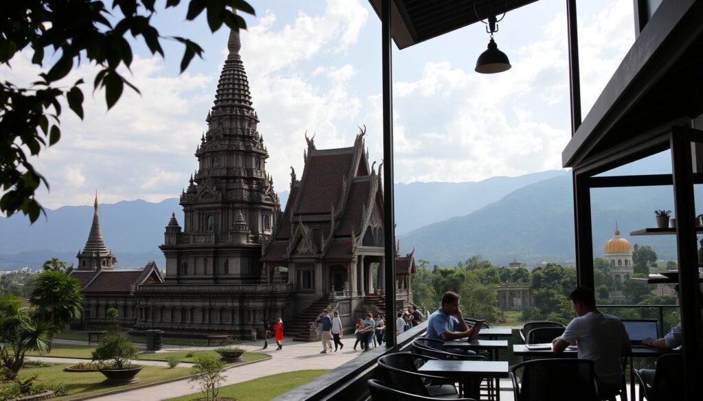 Chiang Mai temple and modern coffee shop showing the blend of tradition and digital nomad culture