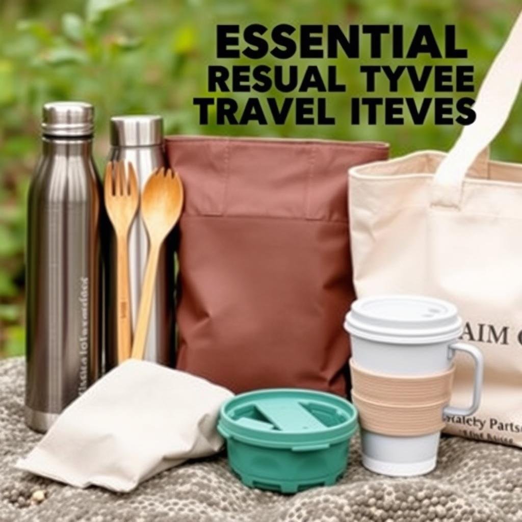 Collection of essential reusable travel items including water bottle, utensils, and shopping bag Collection of essential reusable travel items including water bottle, utensils, and shopping bag