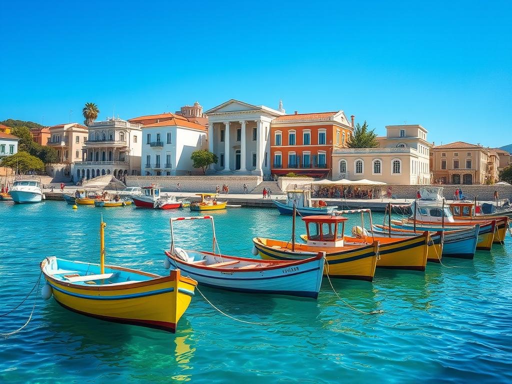 Colorful fishing boats in Halki harbor with neoclassical buildings, Greece