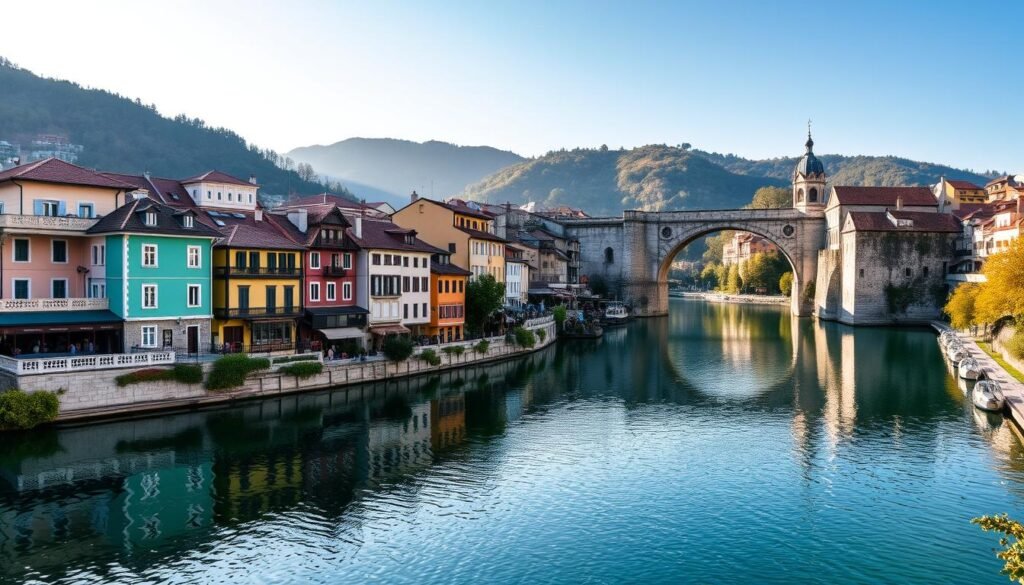 Colorful houses along the Neretva River in Mostar, Bosnia and Herzegovina