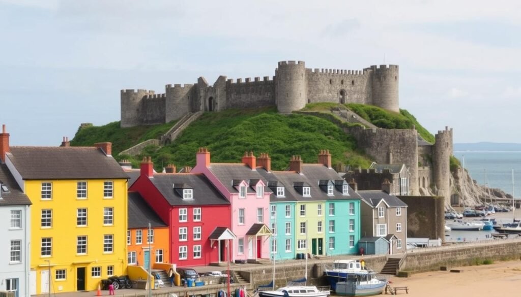 Colorful houses and harbor of Tenby with castle walls, Wales