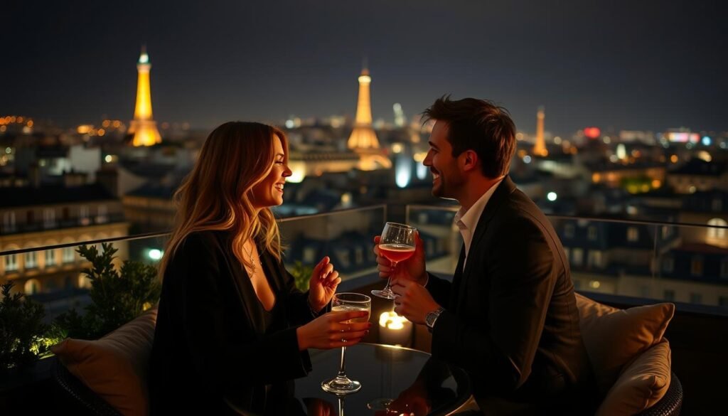 Couple enjoying cocktails at Le Perchoir rooftop bar in Paris at night Couple enjoying cocktails at Le Perchoir rooftop bar in Paris at night