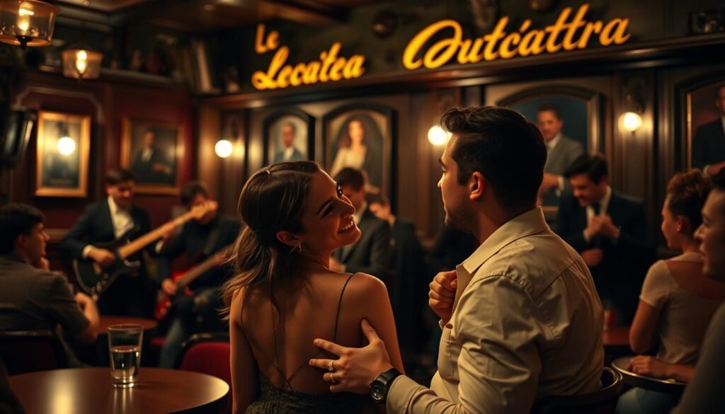 Couple enjoying jazz performance at Le Caveau de la Huchette in Paris Couple enjoying jazz performance at Le Caveau de la Huchette in Paris