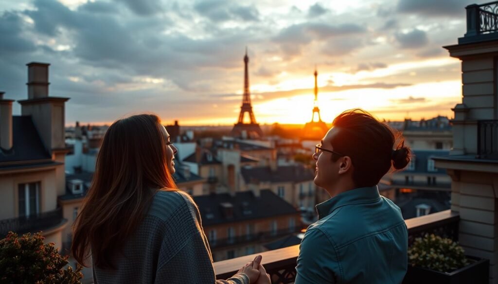 Couple enjoying sunset view from Galeries Lafayette rooftop terrace in Paris Couple enjoying sunset view from Galeries Lafayette rooftop terrace in Paris