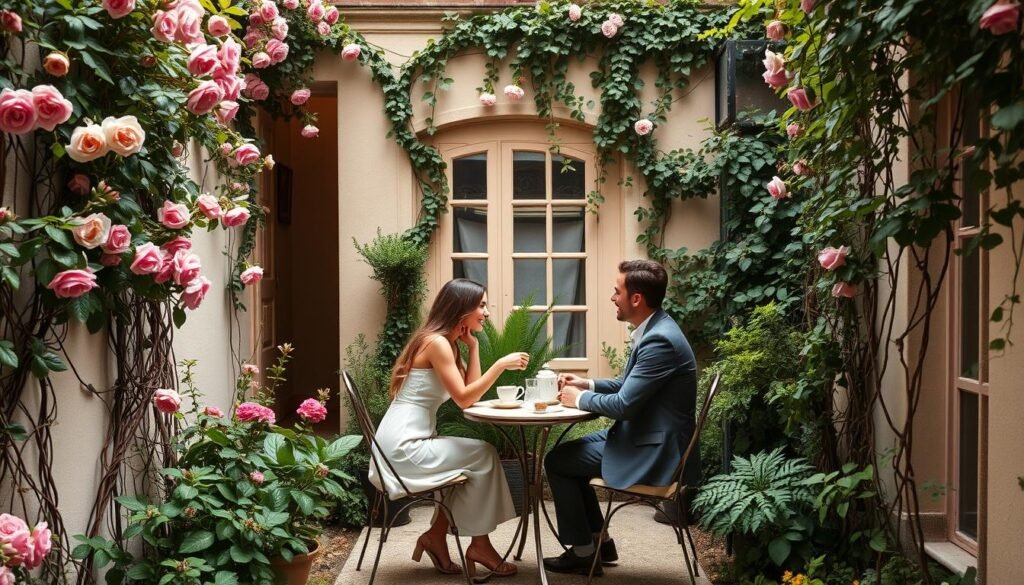 Couple enjoying tea in the courtyard garden of Musée de la Vie Romantique in Paris