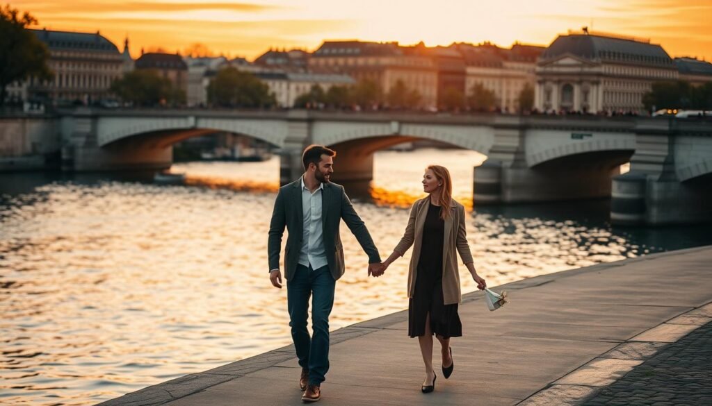 Couple walking hand in hand along the Seine River at sunset in Paris Couple walking hand in hand along the Seine River at sunset in Paris
