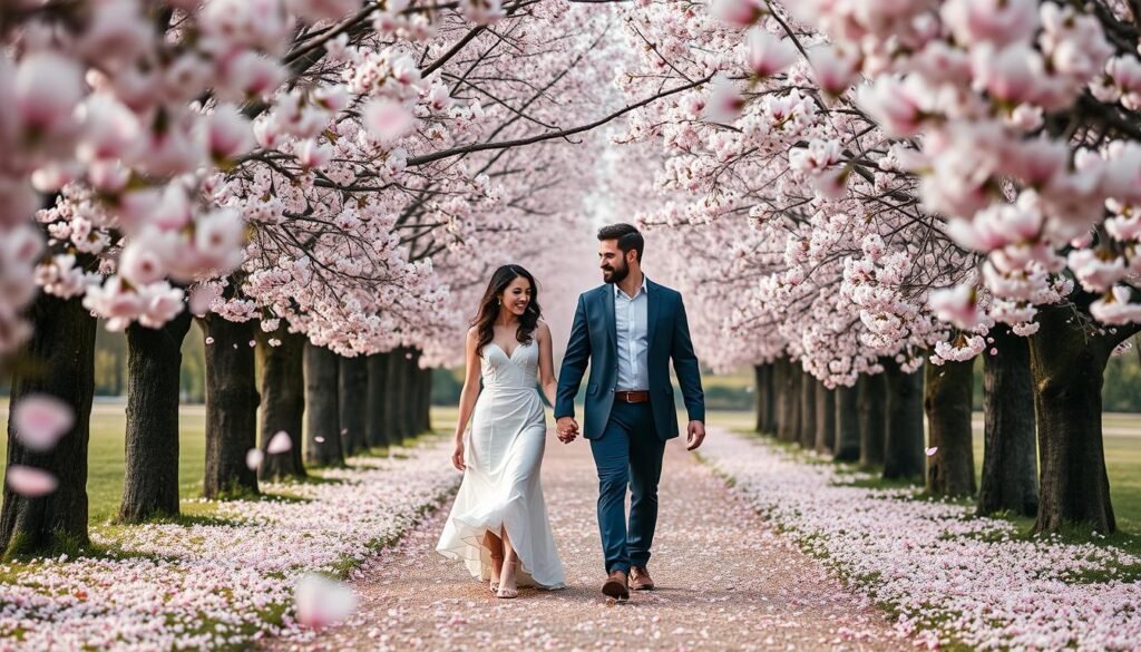 Couple walking through blooming cherry blossoms at Parc de Sceaux in spring Couple walking through blooming cherry blossoms at Parc de Sceaux in spring
