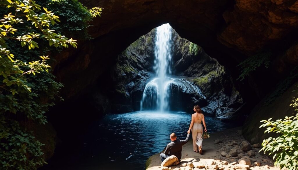 Couple walking through the hidden Buttes-Chaumont waterfall grotto in Paris