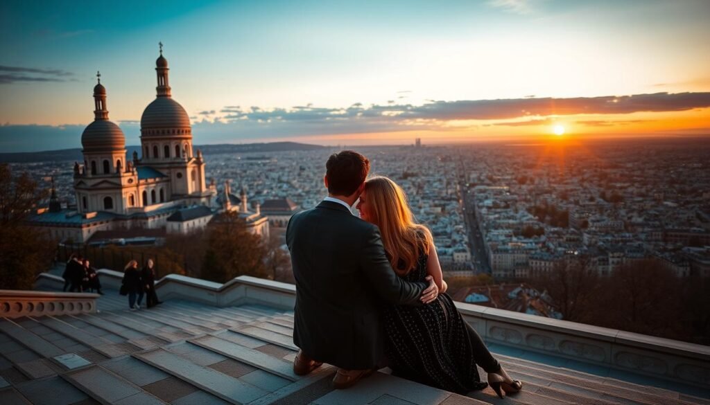 Couple watching sunset from the steps of Sacré-Cœur basilica in Paris Couple watching sunset from the steps of Sacré-Cœur basilica in Paris