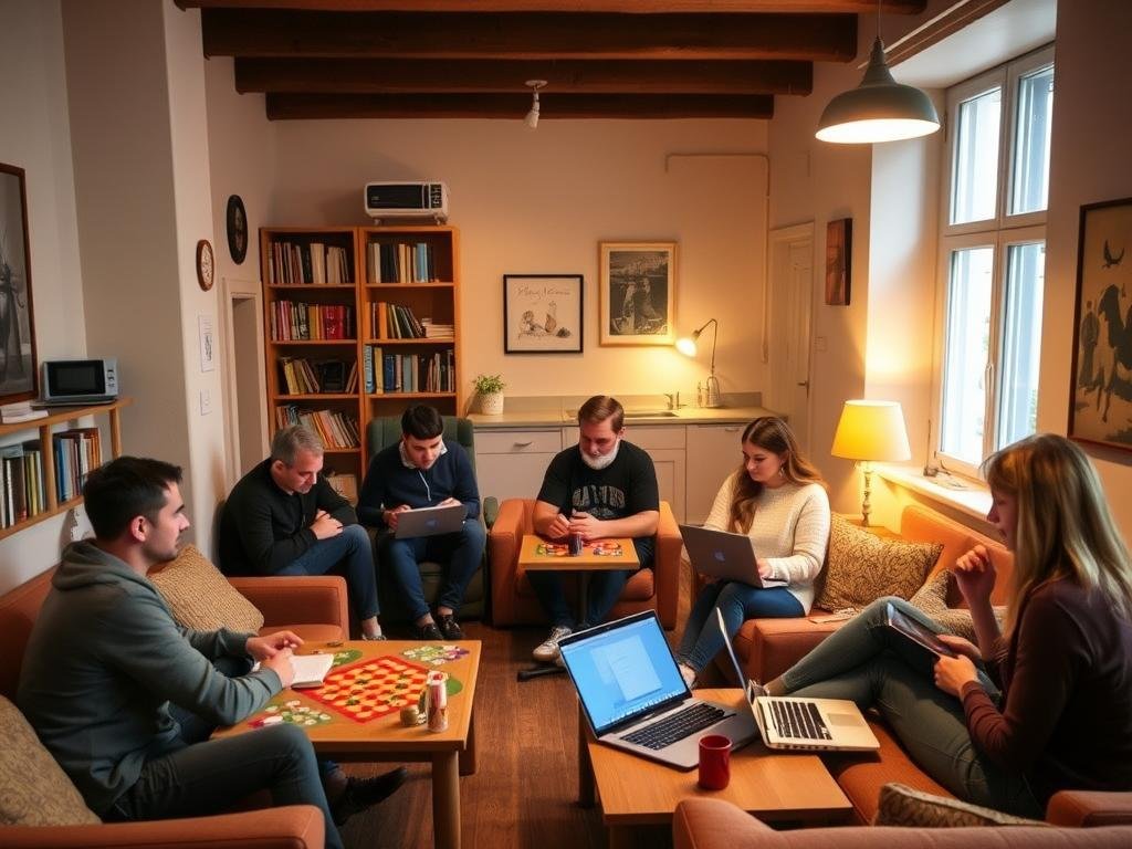 Cozy hostel common area in Europe with budget travelers socializing Cozy hostel common area in Europe with budget travelers socializing
