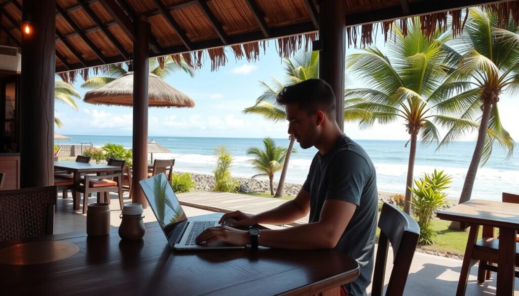 Digital nomad working from a beachfront cafe in Bali with laptop and ocean view