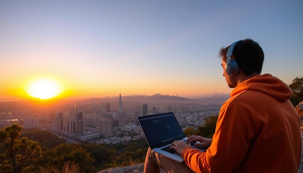 Digital nomad working with laptop at scenic viewpoint overlooking one of the best cities for digital nomads in 2025