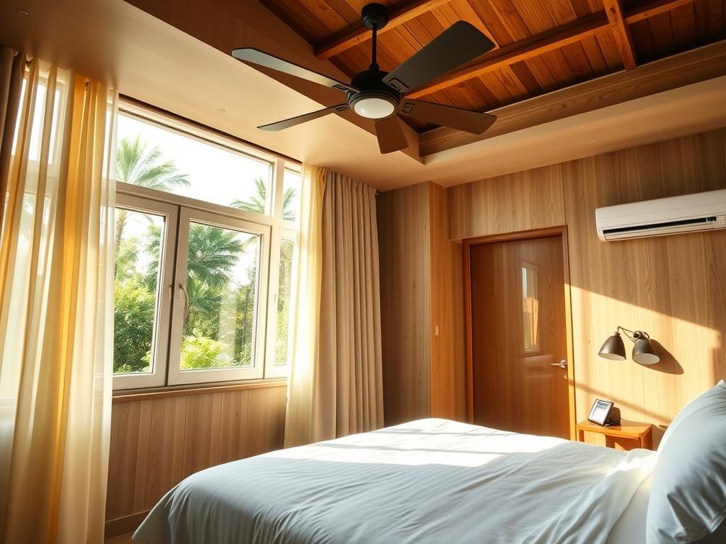 Eco-friendly hotel room with energy-saving features like natural ventilation and LED lighting Eco-friendly hotel room with energy-saving features like natural ventilation and LED lighting