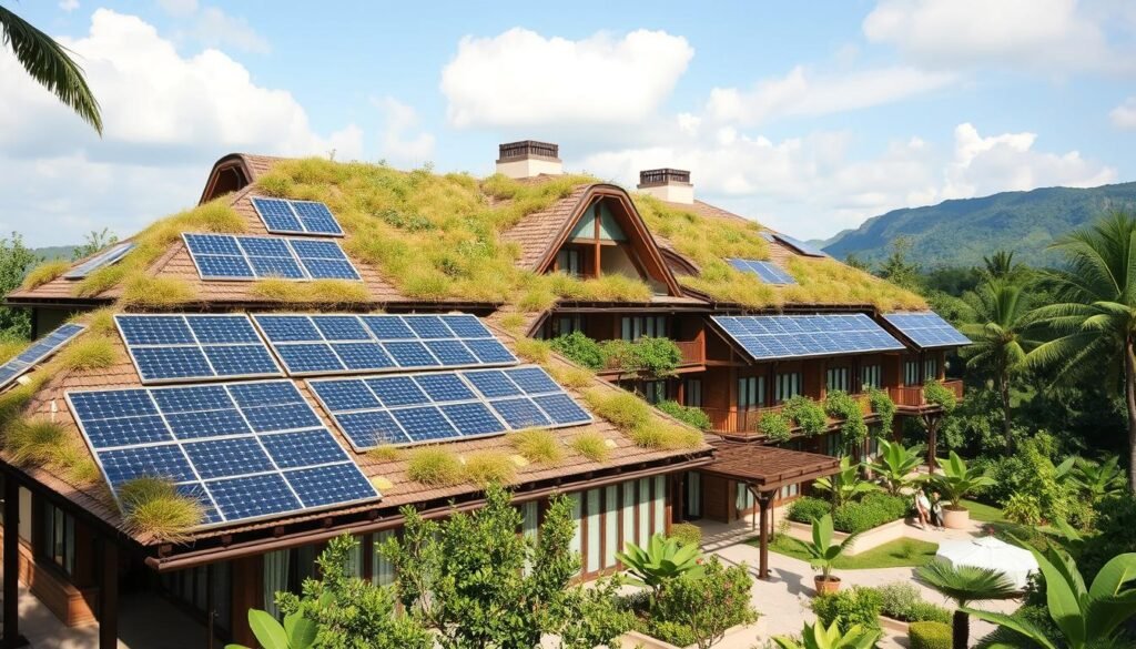 Eco-friendly hotel with sustainable features like solar panels and green roof Eco-friendly hotel with sustainable features like solar panels and green roof