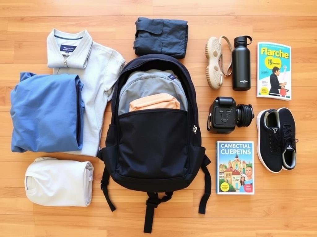 Efficiently packed backpack with budget travel essentials for Europe Efficiently packed backpack with budget travel essentials for Europe