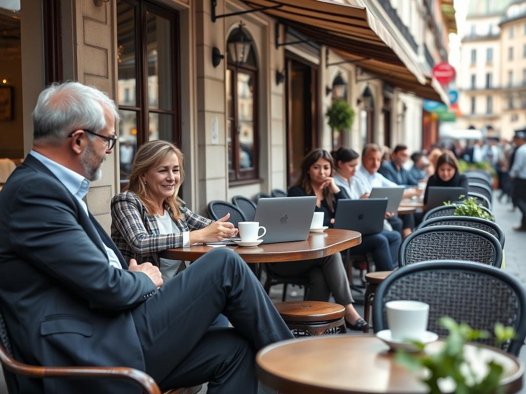 Europeans enjoying cafe culture representing work-life balance in the best places to live in Europe 2025 Europeans enjoying cafe culture representing work-life balance in the best places to live in Europe 2025