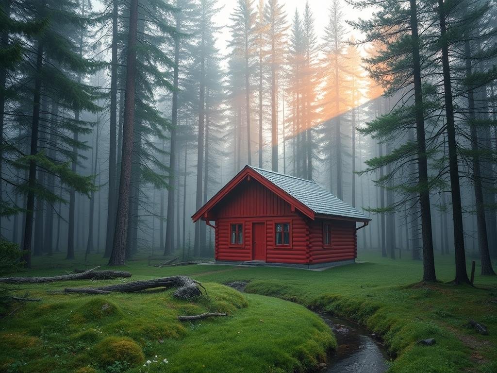 Forest cabin surrounded by pine trees near Elverum, Norway