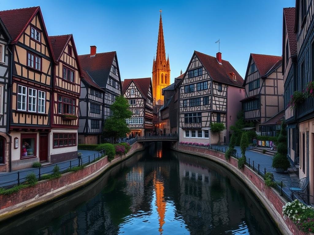 Half-timbered houses in Strasbourg's La Petite France district with cathedral spire