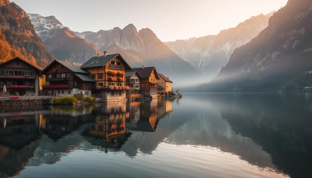 Hallstatt village nestled between mountains and lake in Austria