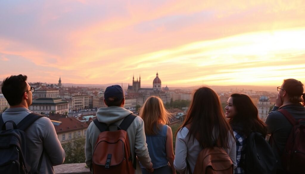 Happy budget travelers watching sunset over a European cityscape Happy budget travelers watching sunset over a European cityscape
