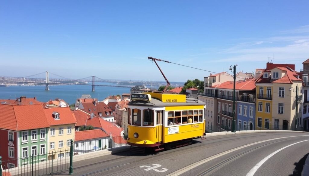 Lisbon colorful buildings and tram with view of the Tagus River - one of the best cities for digital nomads in 2025