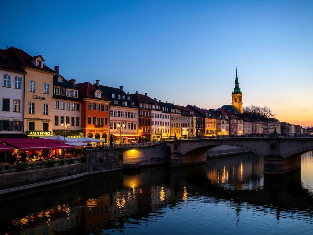 Ljubljana's riverside cafes and Triple Bridge at sunset, Slovenia