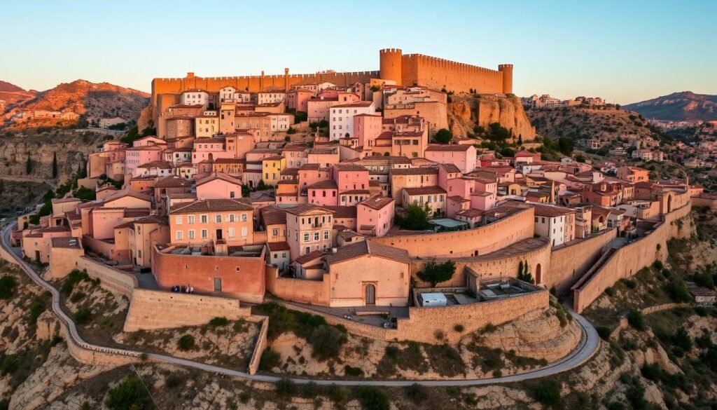 Medieval town of Albarracín with pink-hued buildings and ancient walls, Spain