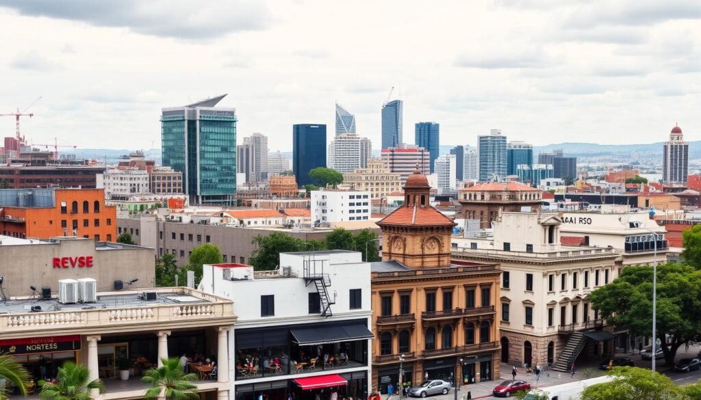 Mexico City skyline with digital nomad cafes and coworking spaces in Roma Norte neighborhood