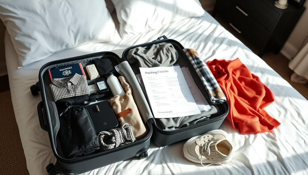 Organized suitcase with essential items for Europe travel 2025