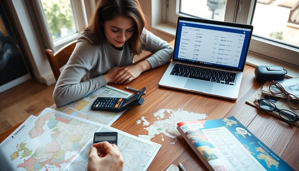 Person planning a budget trip to Europe for 2025 with maps, calculator, and guidebook