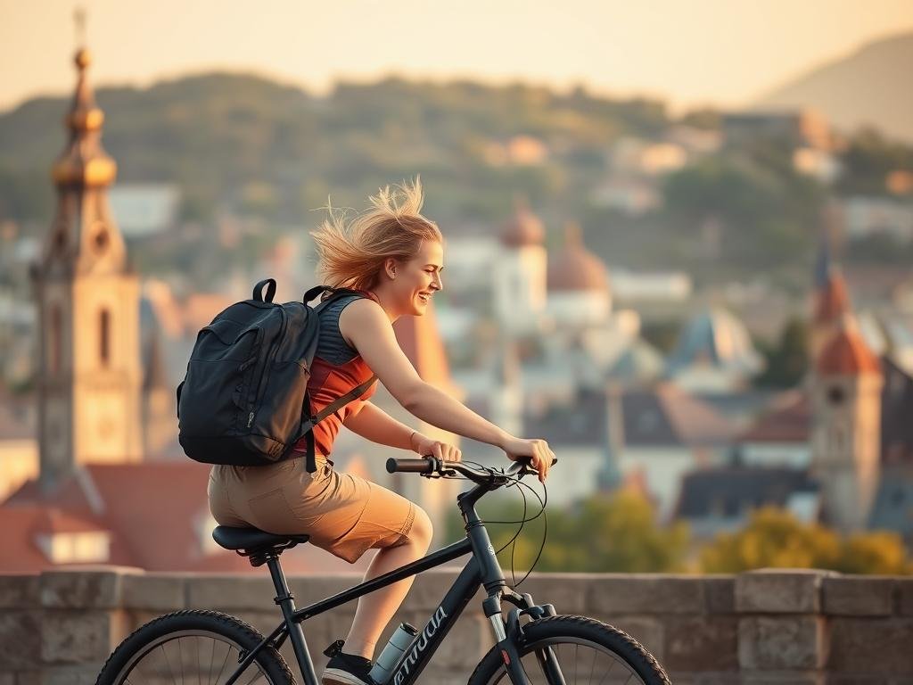 Person riding a bicycle past famous landmarks as a sustainable transportation option Person riding a bicycle past famous landmarks as a sustainable transportation option
