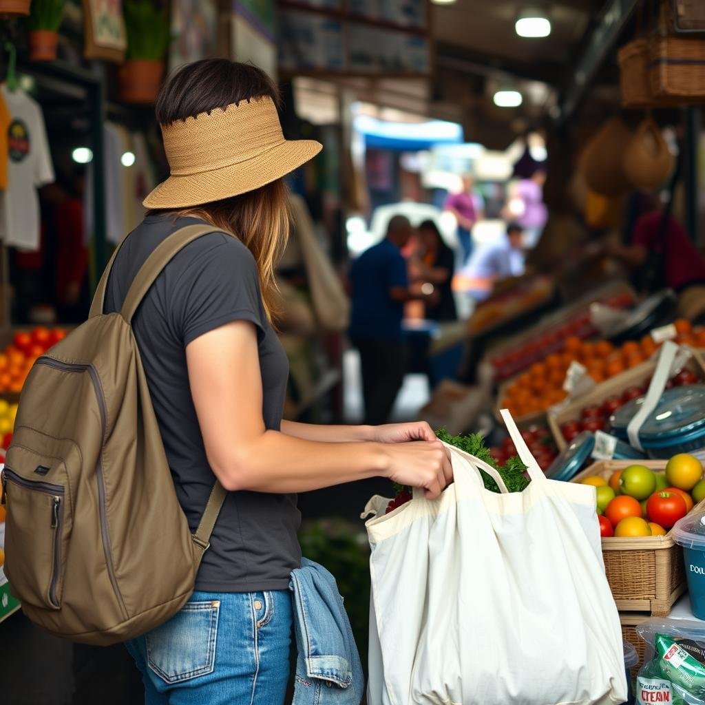 Person shopping at a local market with reusable bags and containers Person shopping at a local market with reusable bags and containers