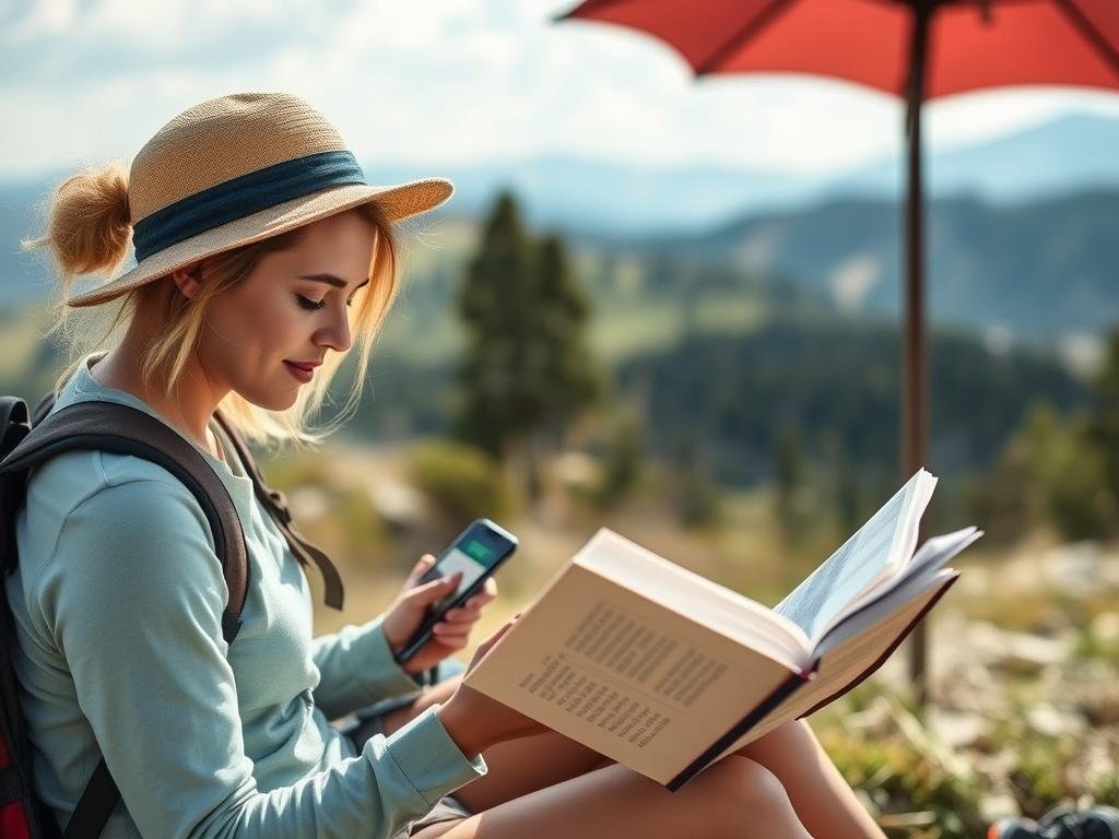 Person using a solar charger to power devices while traveling outdoors Person using a solar charger to power devices while traveling outdoors