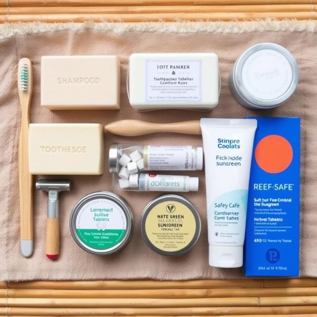 Plastic-free travel toiletry kit with solid shampoo bar, bamboo toothbrush, and other sustainable items Plastic-free travel toiletry kit with solid shampoo bar, bamboo toothbrush, and other sustainable items