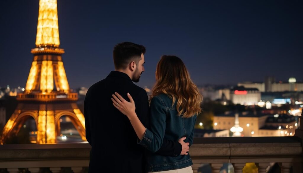 Romantic couple watching the Eiffel Tower sparkle at night from Trocadéro Romantic couple watching the Eiffel Tower sparkle at night from Trocadéro