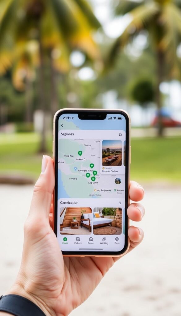 Smartphone displaying eco-friendly travel apps for sustainable tourism Smartphone displaying eco-friendly travel apps for sustainable tourism