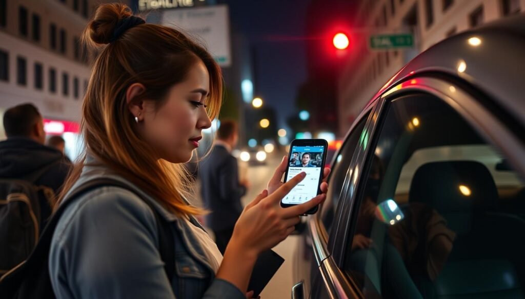 Solo female traveler using rideshare app safely at night in 2025