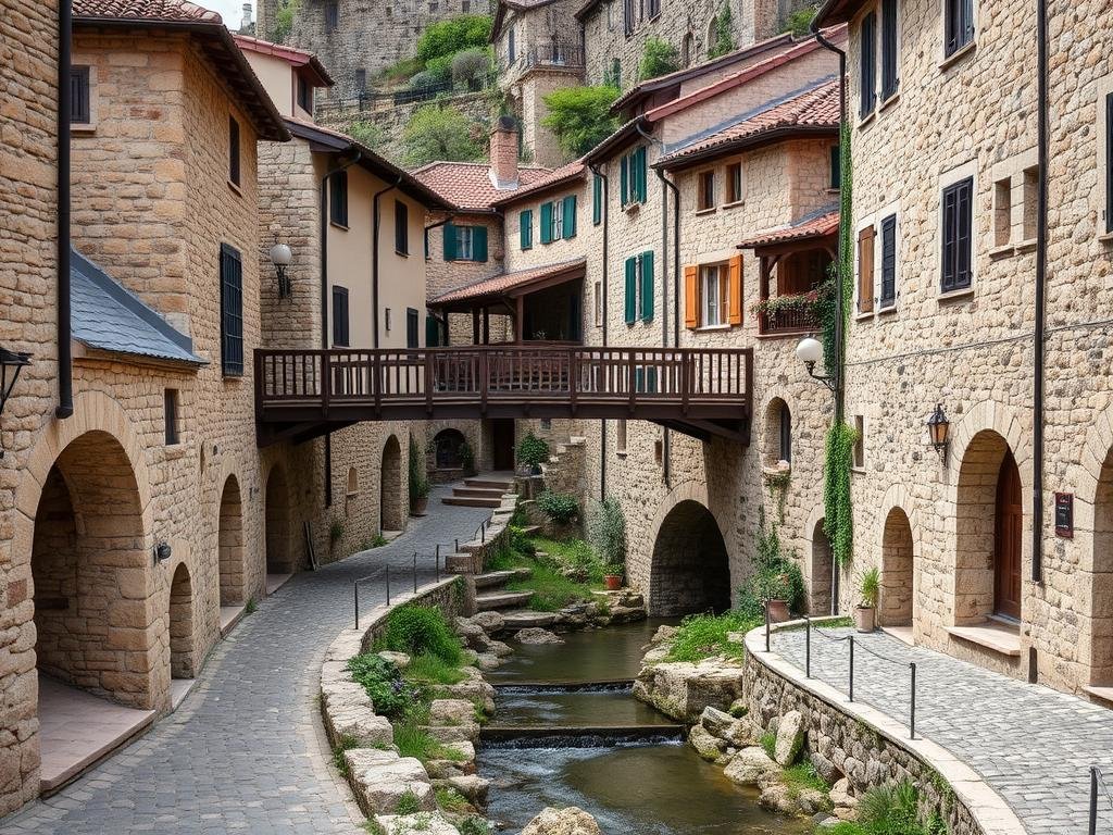 Stone houses and hanging wooden bridge in medieval Rupit, Catalonia