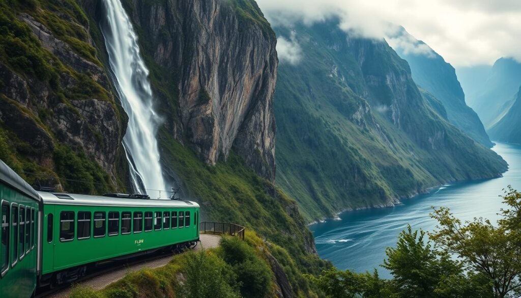 The Flåm Railway train passing by a dramatic Norwegian waterfall with fjords in the background