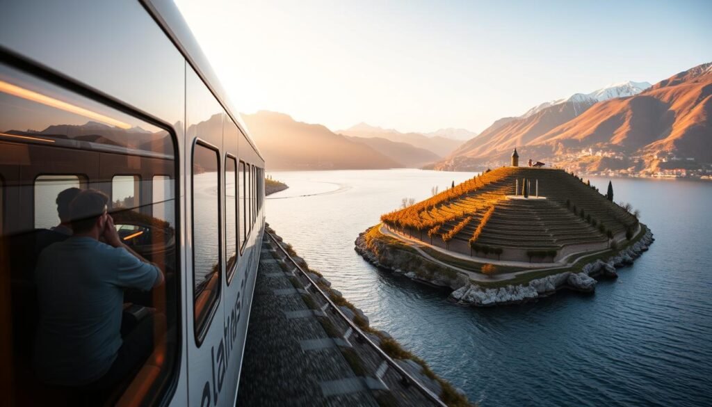 The GoldenPass panoramic train traveling alongside Lake Geneva with vineyards and mountains in the background